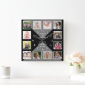 Creëer Uw eigen 12-serie Foto Collage Gray Black Vierkante Klok (Huis)
