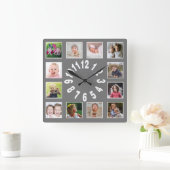 Creëer Uw eigen 12-serie Foto Collage Gray Vierkante Klok (Huis)