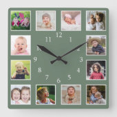 Creëer Uw eigen 12-serie Foto Collage Green Vierkante Klok (Voorkant)