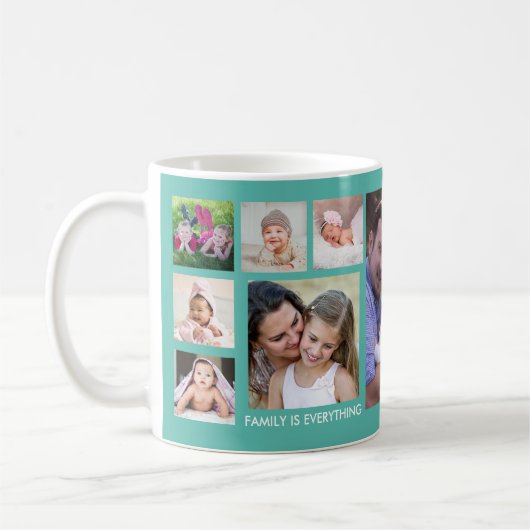 Creëer Uw Eigen 13 Familie Fotocollage Blauwgroen Koffiemok (Links)