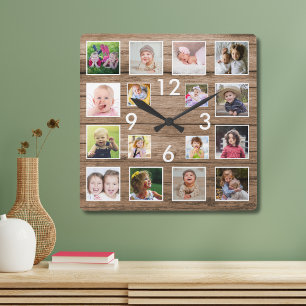 Creëer Uw Eigen 16 Familie Foto Collage Hout Vierkante Klok