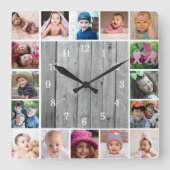 Creëer Uw Eigen 16 Foto Collage Rustiek Grijs Hout Vierkante Klok (Voorkant)