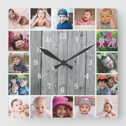 Creëer Uw Eigen 16 Foto Collage Rustiek Grijs Hout Vierkante Klok (Voorkant)