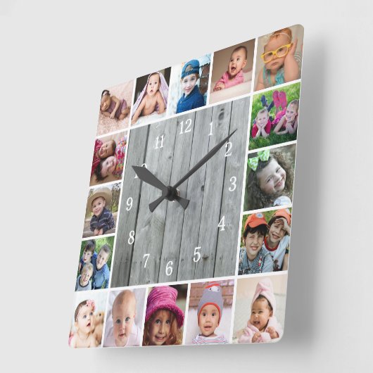 Creëer Uw Eigen 16 Foto Collage Rustiek Grijs Hout Vierkante Klok (Hoek)