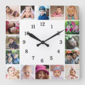 Creëer uw eigen 16 foto collage zwart en wit vierkante klok (Voorkant)