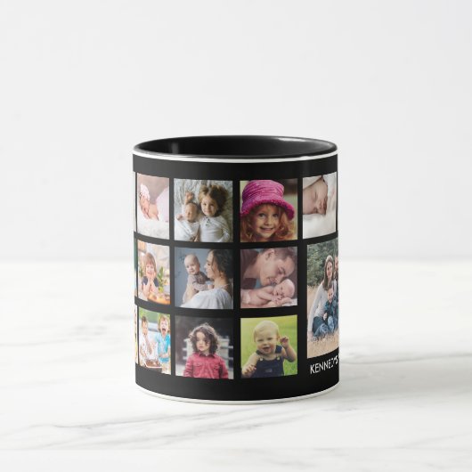Creëer Uw Eigen 22 Foto Collage Familienaam Zwart Mok (Midden)