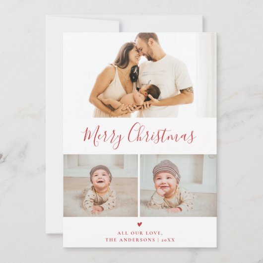 Creëer Uw Eigen 3 Foto Collage Rode Kerst Feestdagenkaart (Voorkant)