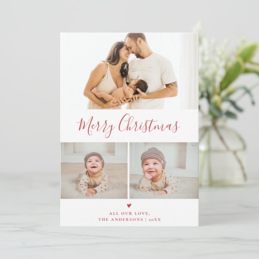 Creëer Uw Eigen 3 Foto Collage Rode Kerst Feestdagenkaart (Staand voorkant)