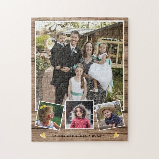 Creëer Uw eigen 4 Familienaam Foto Collage Wood Legpuzzel (Verticaal)