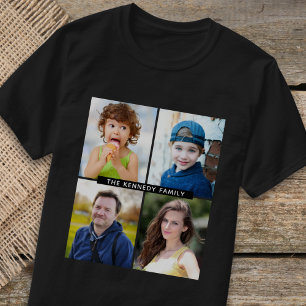 Creëer Uw Eigen 4 Foto Collage Familienaam Zwart T-shirt