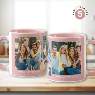 Creëer Uw Eigen 5 Familie Foto Collage Roze Mok