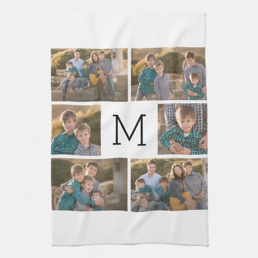 Creëer Uw Eigen 6 Fotocollage - Monogram Wit Theedoek (Verticaal)