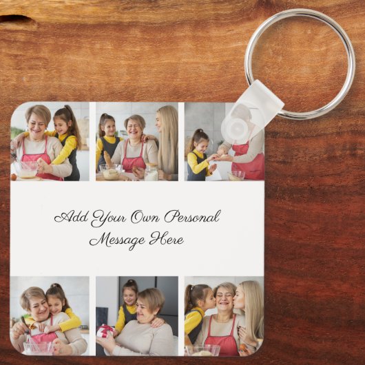 Creëer Uw eigen 6 Fotocollage Voeg uw groet toe Sleutelhanger (Achterkant)
