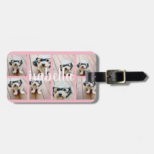 Creëer Uw eigen 8 Foto Collage Aangepaste Naam Roz Bagagelabel (Voorkant horizontaal)