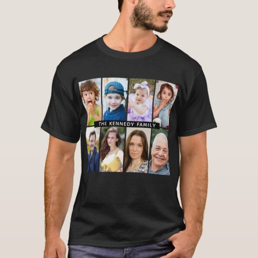 Creëer Uw Eigen 8 Foto Collage Familienaam Zwart T-shirt (Voorkant)