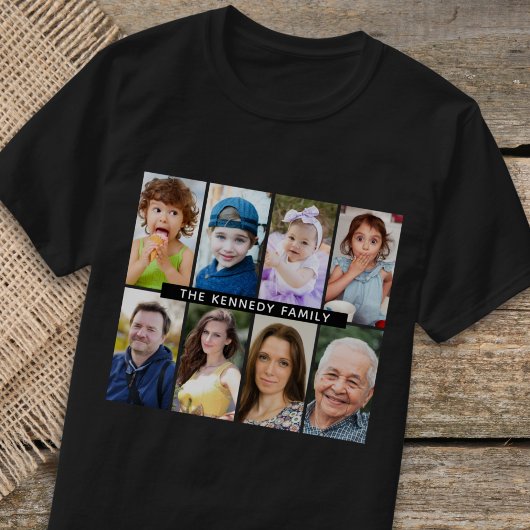 Creëer Uw Eigen 8 Foto Collage Familienaam Zwart T-shirt