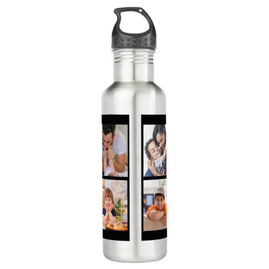 Creëer Uw Eigen 8 Foto Collage Familienaam Zwart Waterfles (Achterkant)