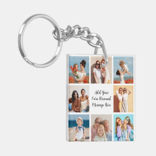 Creëer Uw eigen 8 Fotocollage Voeg uw groet toe Sleutelhanger (Voorkant Links)