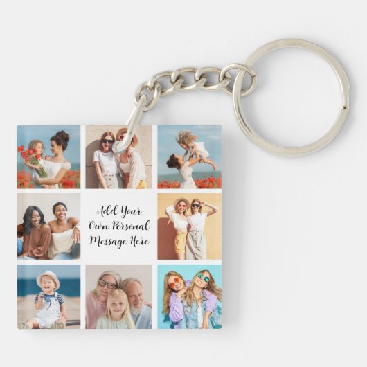 Creëer Uw eigen 8 Fotocollage Voeg uw groet toe Sleutelhanger (Achterkant)