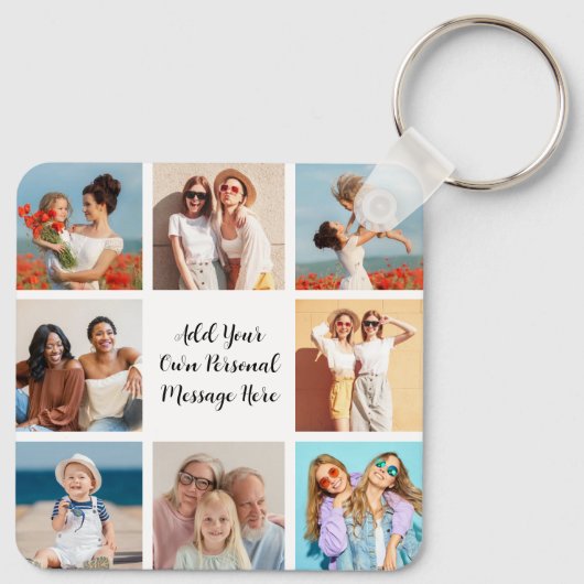 Creëer Uw eigen 8 Fotocollage Voeg uw groet toe Sleutelhanger (Achterkant)