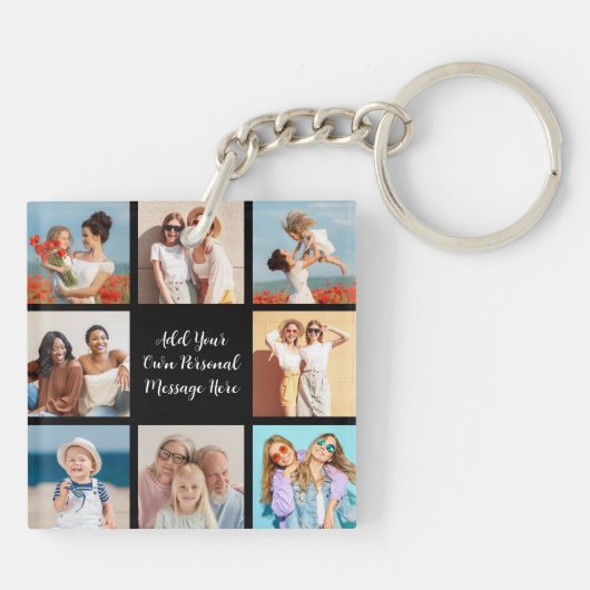 Creëer Uw eigen 8 Fotocollage Voeg uw groet toe Sleutelhanger (Achterkant)