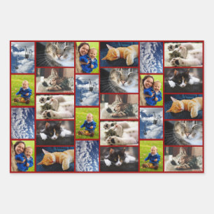 Creëer uw eigen 9 foto collage donkerrode rand inpakpapier vel