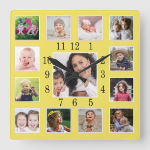 Creëer Uw eigen Aangepast 13 Foto Collage Yellow Vierkante Klok