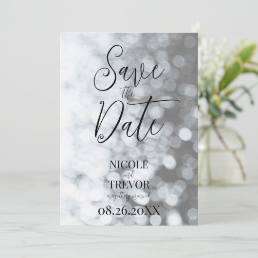 Creëer Uw eigen aangepaste B&W Ombre Bokeh Save The Date (Staand voorkant)