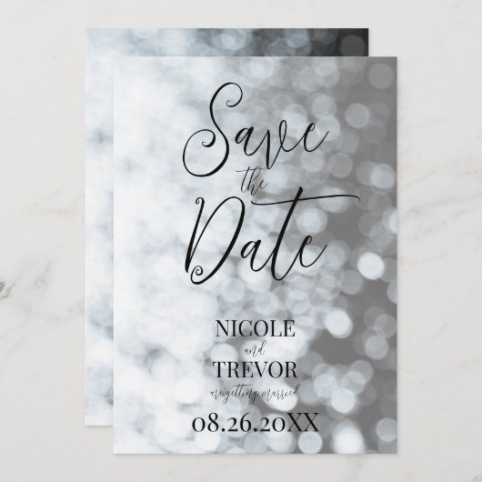 Creëer Uw eigen aangepaste B&W Ombre Bokeh Save The Date (Voorkant / Achterkant)