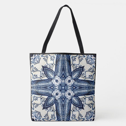 Creëer uw eigen aangepaste blauw denim bloem tote bag (Voorkant)