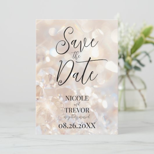 Creëer uw eigen aangepaste champagnekristallen save the date (Staand voorkant)