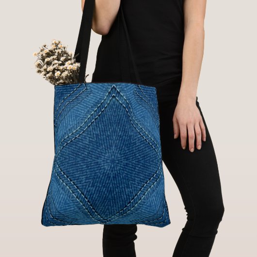 Creëer Uw eigen aangepaste diamantblauw Denim Prin Tote Bag (Dichtbij)