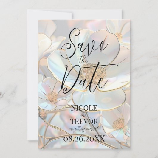 Creëer uw eigen aangepaste iriserende bloemen save the date (Voorkant)