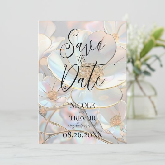 Creëer uw eigen aangepaste iriserende bloemen save the date (Staand voorkant)