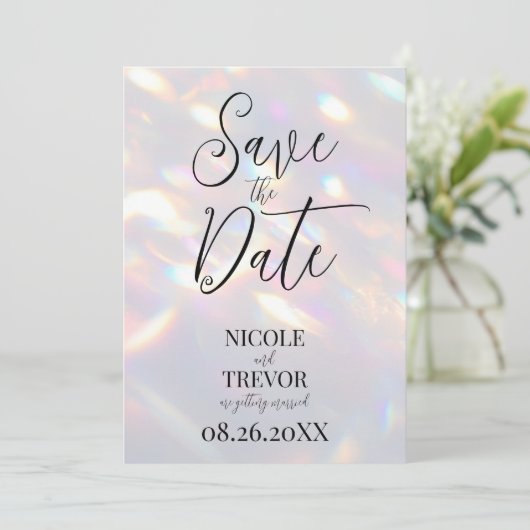 Creëer uw eigen aangepaste iriserende lichten save the date (Staand voorkant)