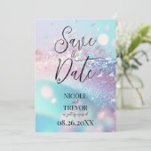 Creëer Uw eigen aangepaste iriserende roze & cyaan Save The Date (Staand voorkant)