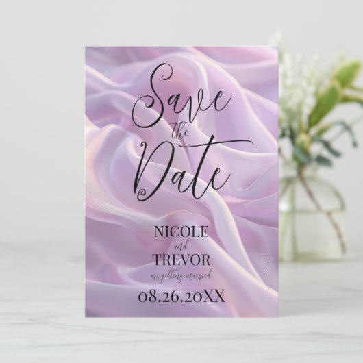 Creëer uw eigen aangepaste Lila Paarse zijdeachtig Save The Date (Staand voorkant)