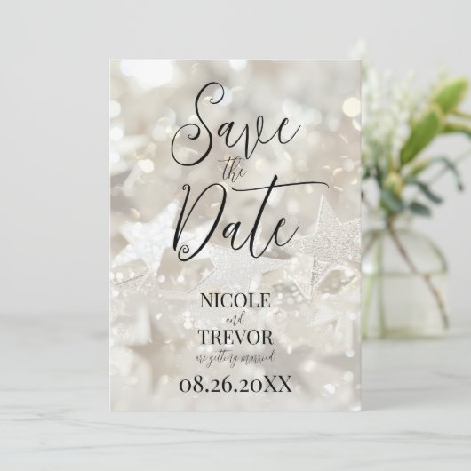 Creëer uw eigen aangepaste sprankelende ivoren ste save the date (Staand voorkant)