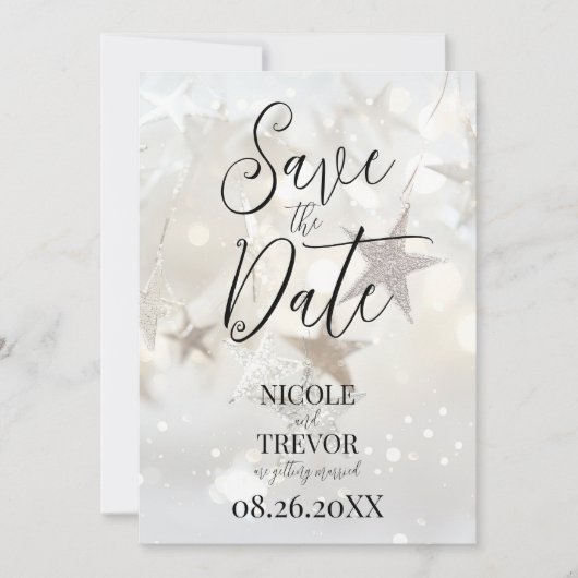 Creëer uw eigen aangepaste sprankelende sterren save the date (Voorkant)