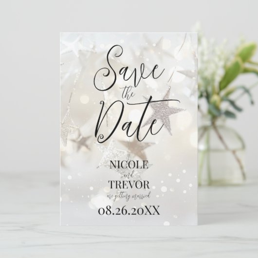 Creëer uw eigen aangepaste sprankelende sterren save the date (Staand voorkant)