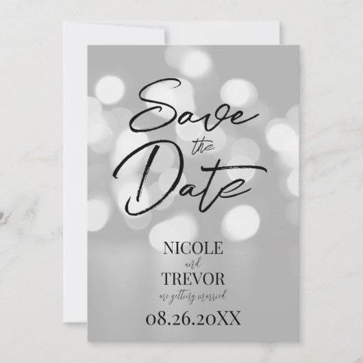 Creëer Uw eigen aangepaste wazige B & W Bokeh Save The Date (Voorkant)