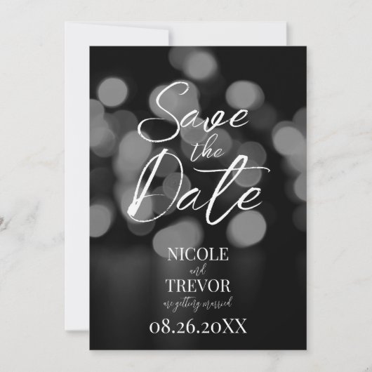 Creëer Uw eigen aangepaste wazige B & W Bokeh Save The Date (Voorkant)