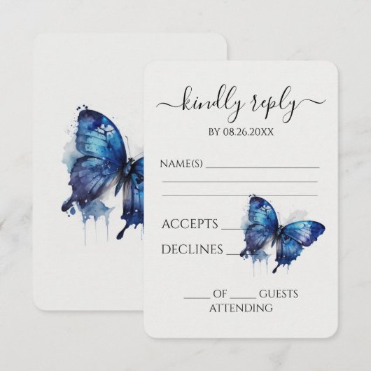 Creëer uw eigen blauw geschilderde Waterverf vlind RSVP Kaartje (Voorkant / Achterkant)
