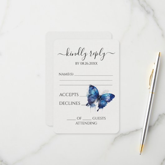 Creëer uw eigen blauw geschilderde Waterverf vlind RSVP Kaartje (Voorkant / Achterkant in situ)