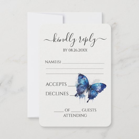 Creëer uw eigen blauw geschilderde Waterverf vlind RSVP Kaartje (Voorkant)