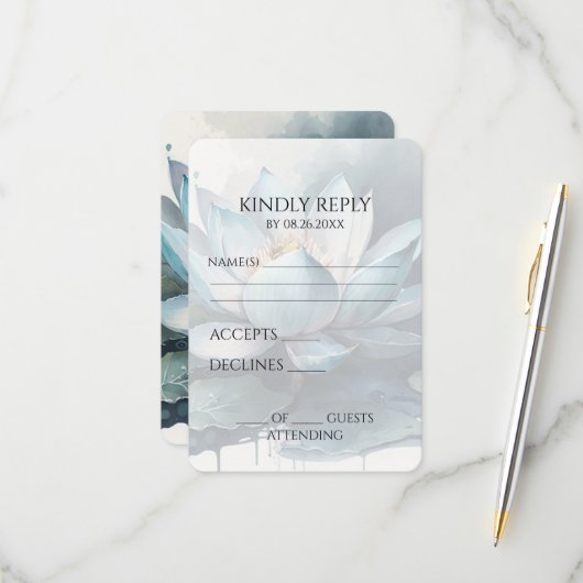 Creëer Uw eigen blauw Waterverf Lotus RSVP Kaartje (Voorkant / Achterkant in situ)