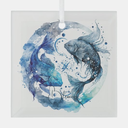 Creëer Uw eigen Blauwe & Blauwgroen Vissen Zodiac Glas Ornament (Voorkant)