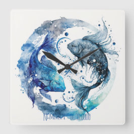 Creëer Uw eigen Blauwe & Blauwgroen Vissen Zodiac Vierkante Klok