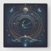 Creëer Uw eigen Blauwe & Gouden Hemelse Maan Vierkante Klok (Voorkant)