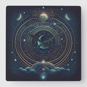 Creëer Uw eigen Blauwe & Gouden Hemelse Maan Vierkante Klok